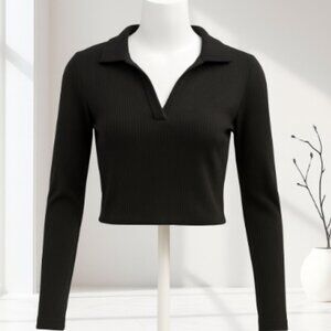 Perfectly Imperfect Women’s Top L Black Ribbed Long Sleeve Collared V Neck Casua